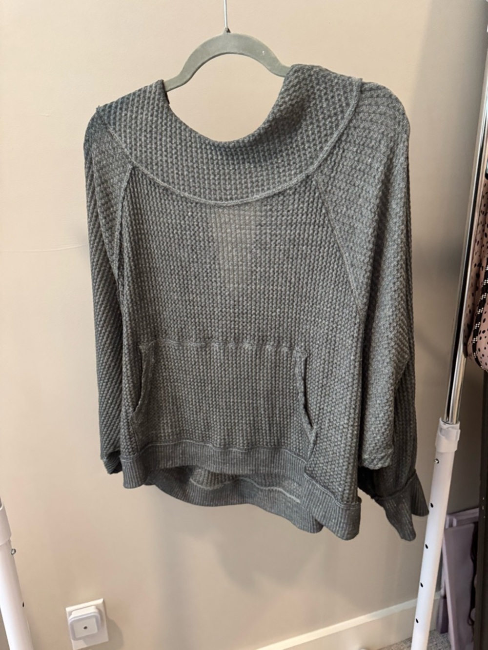 We The Free Green Waffle-Knit Turtleneck Sweater with Kangaroo Pocket